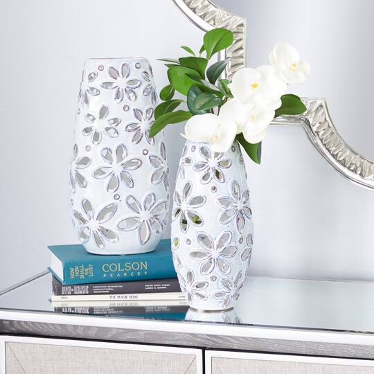 Set of 2 White Ceramic Farmhouse Vase 14", 11"